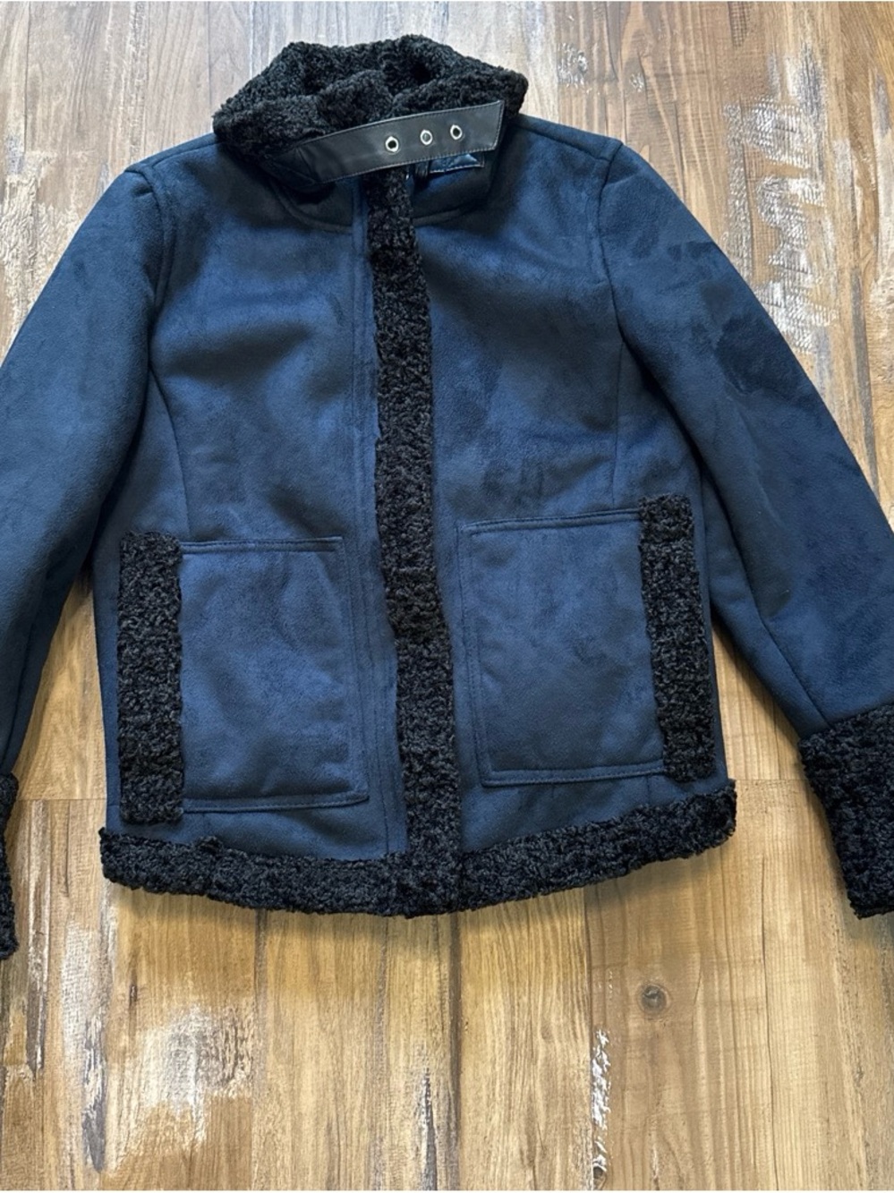 Ann Taylor Navy Coat with Black Faux-Sherpa Trim